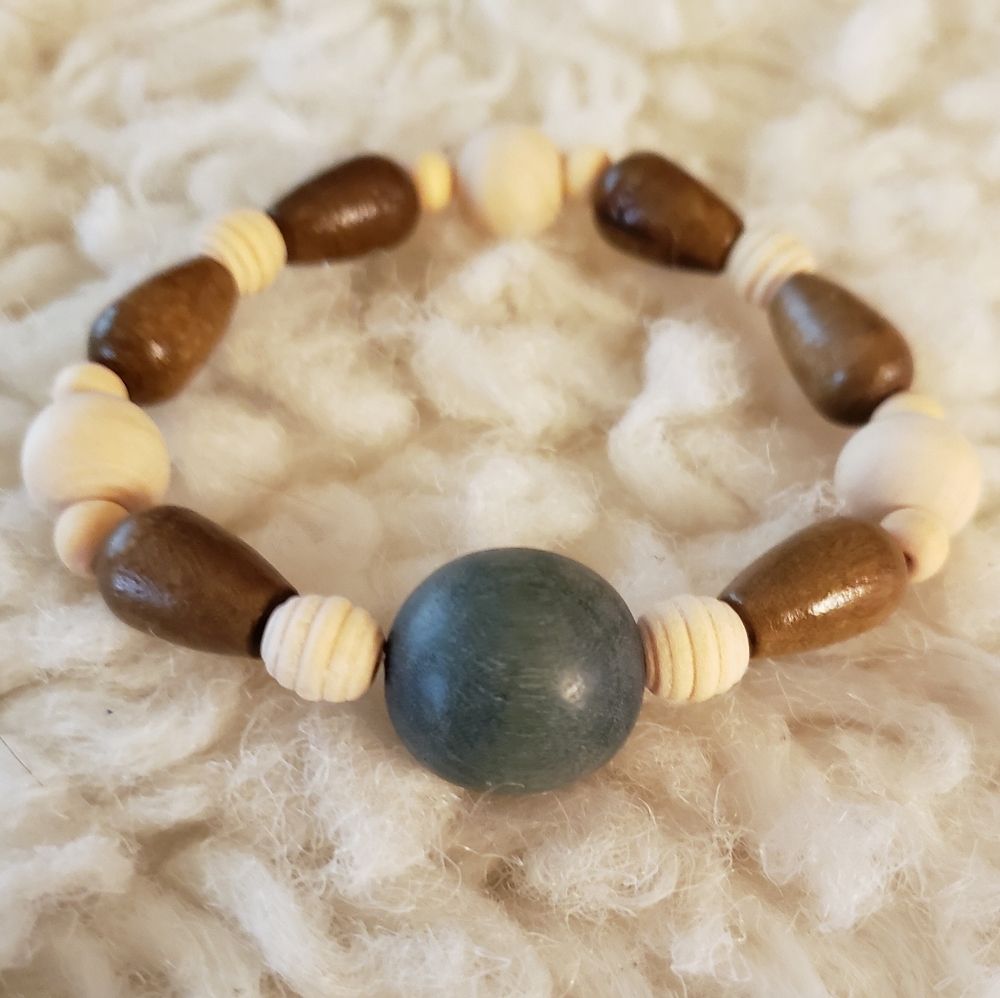 Chunky Boho Green, Brown and Cream Wooden Beaded Bracelet